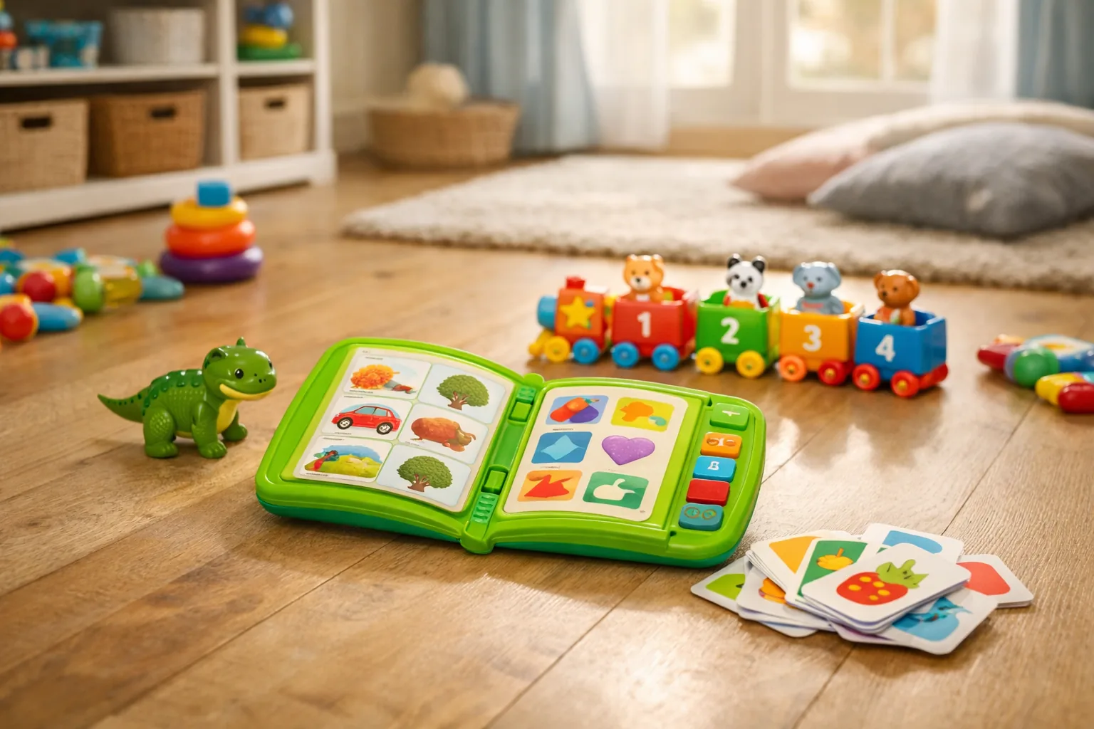 A toddler playing with colorful learning toys on a living room rug