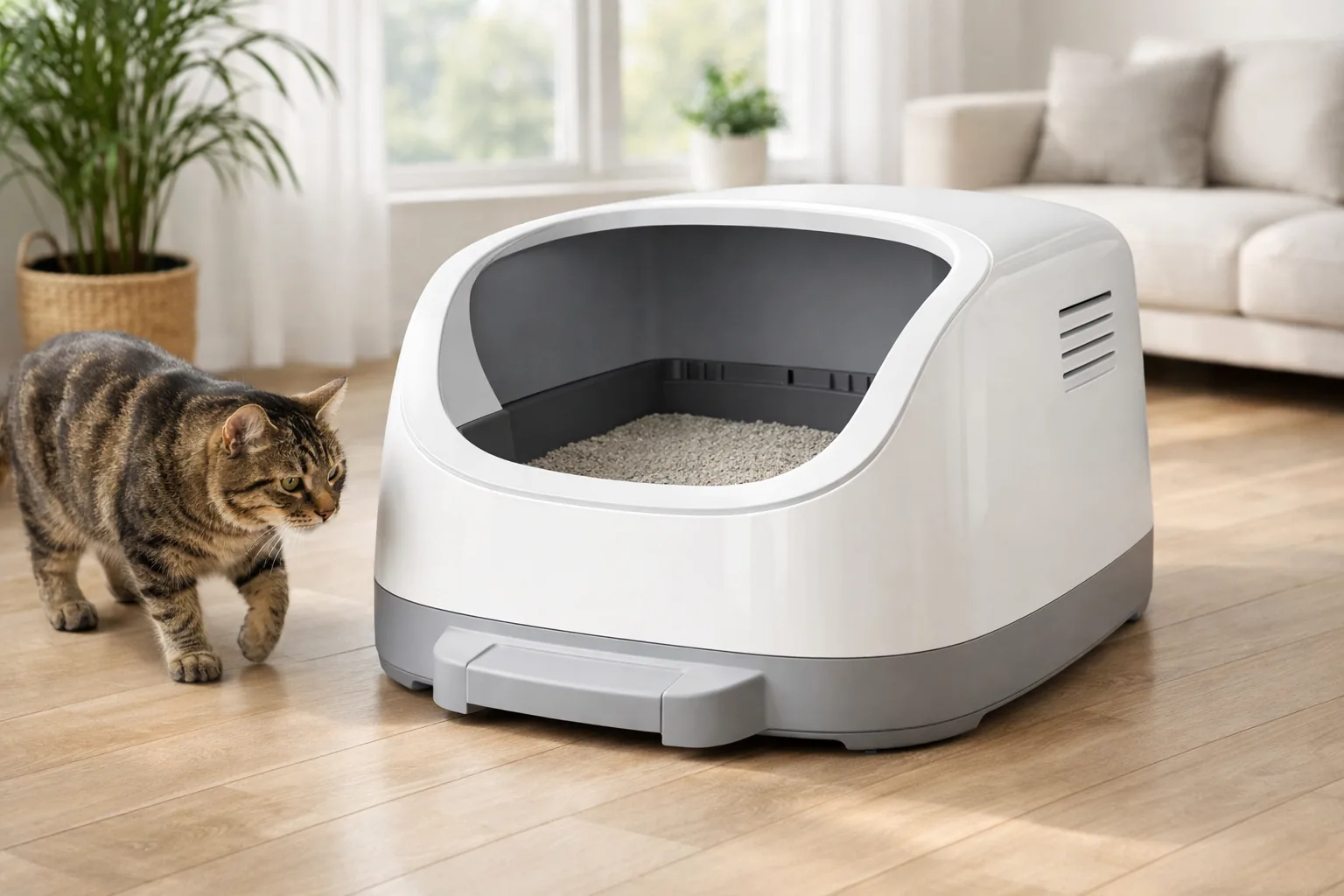 An open-top automatic self-cleaning cat litter box in a bright living room with a cat nearby