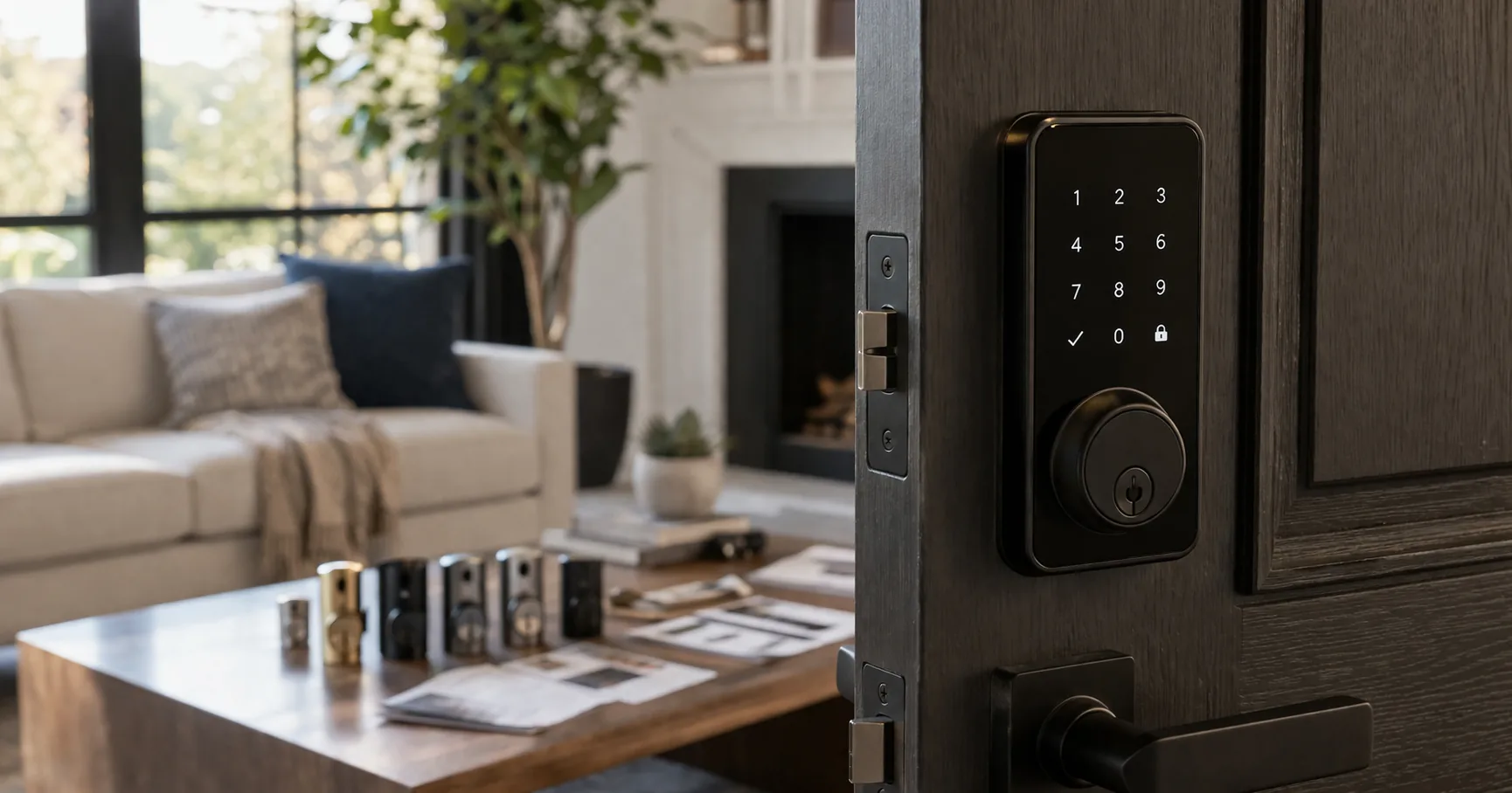 Smart deadbolt with a keypad installed on a front door, with a hand reaching toward it