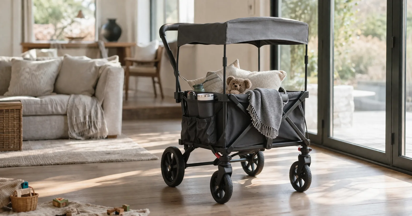 A family stroller wagon with canopy parked on a park path with kids' gear loaded inside