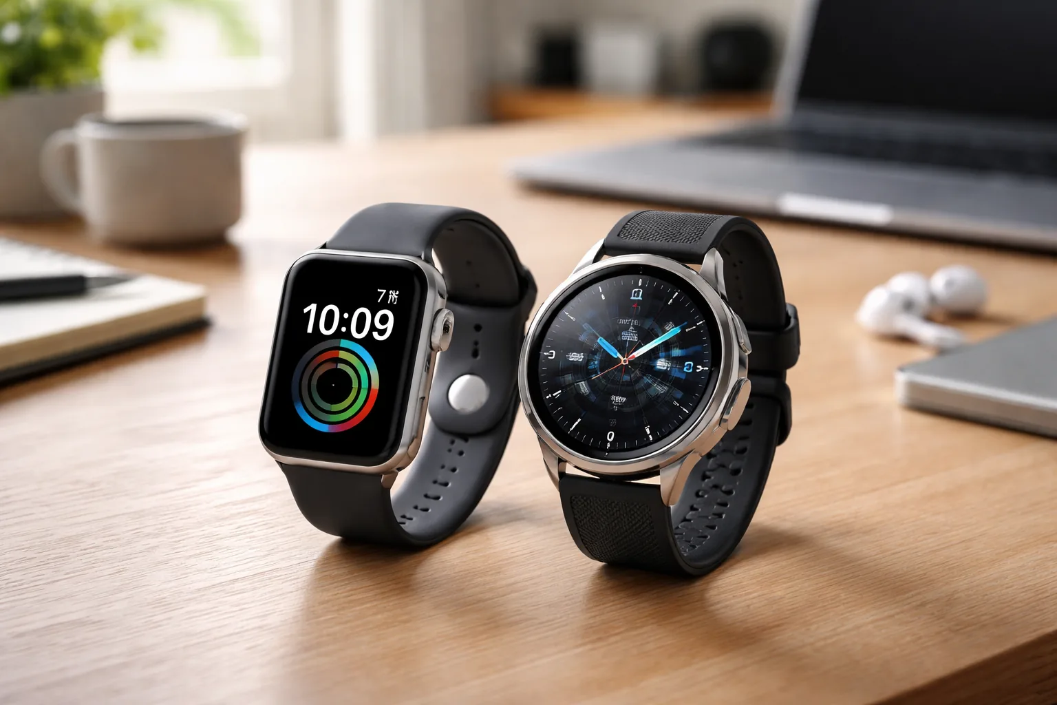 Apple Watch and Samsung Galaxy Watch shown side by side on a desk for a smartwatch comparison