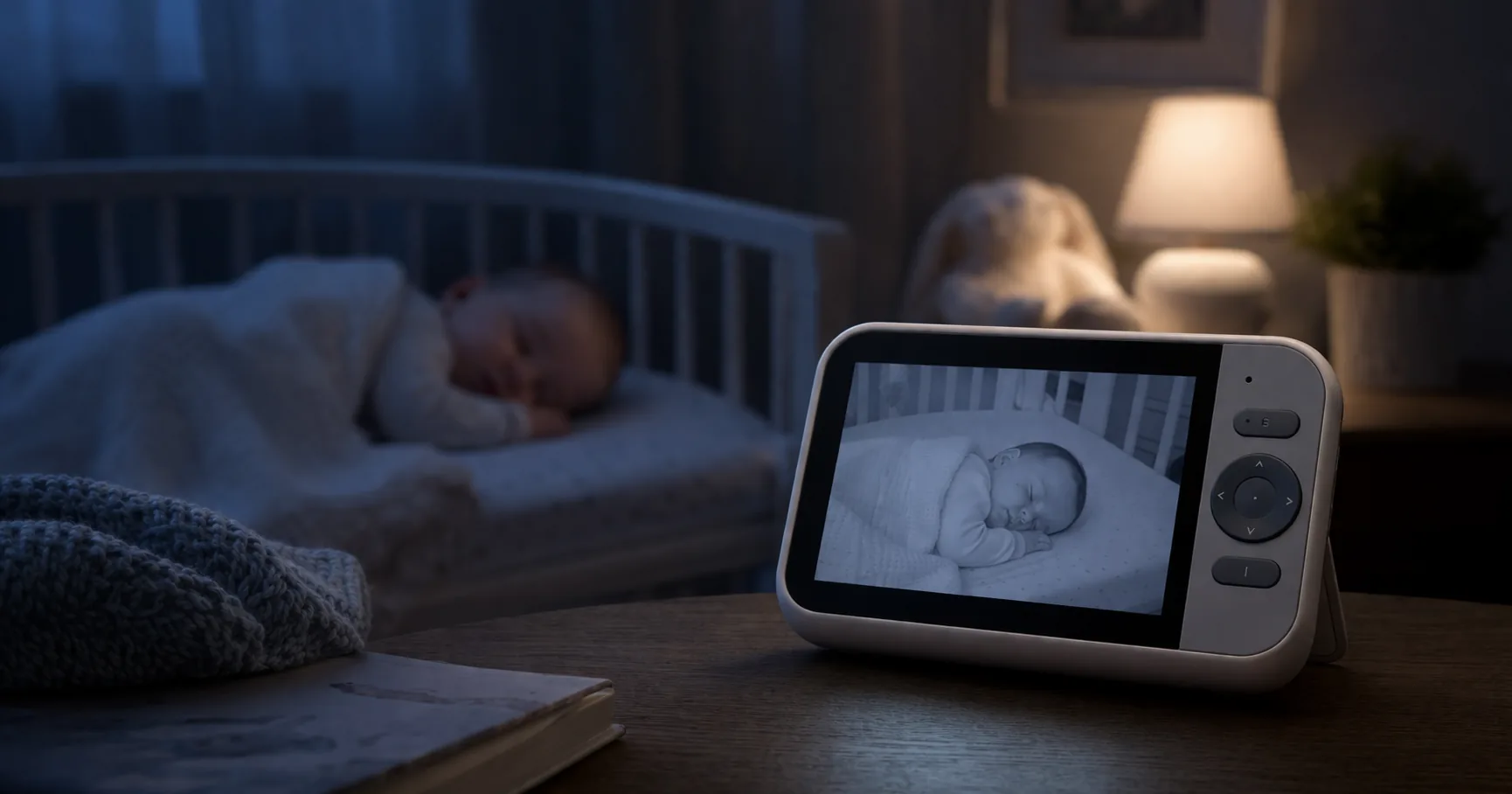 Two baby monitor parent units beside a sleeping baby in a softly lit nursery