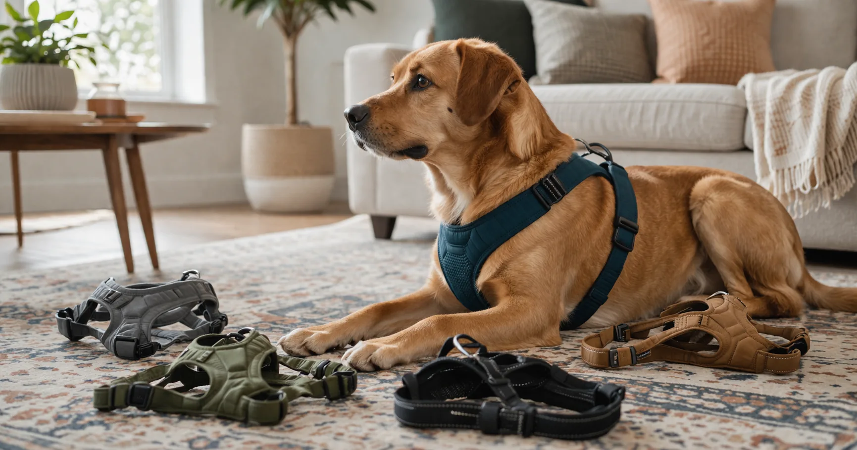 A dog wearing a padded walking harness on a leash outdoors