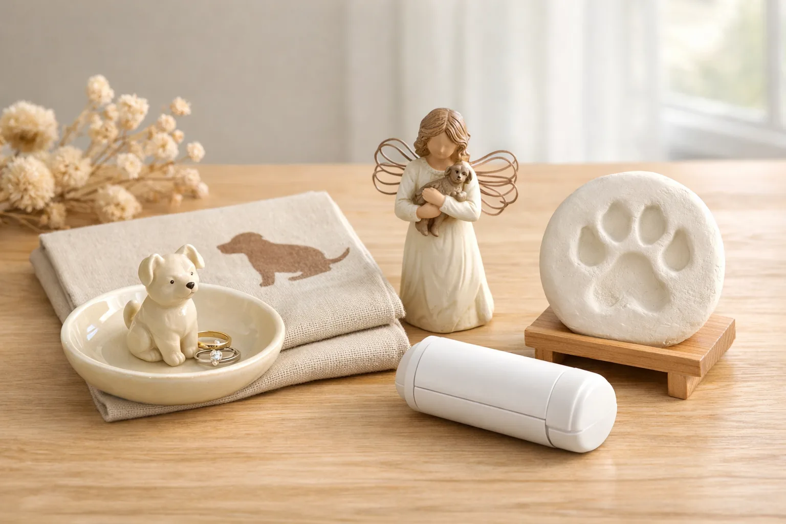 A dog-themed jewelry dish, a keepsake figurine, and a folded towel on a shelf