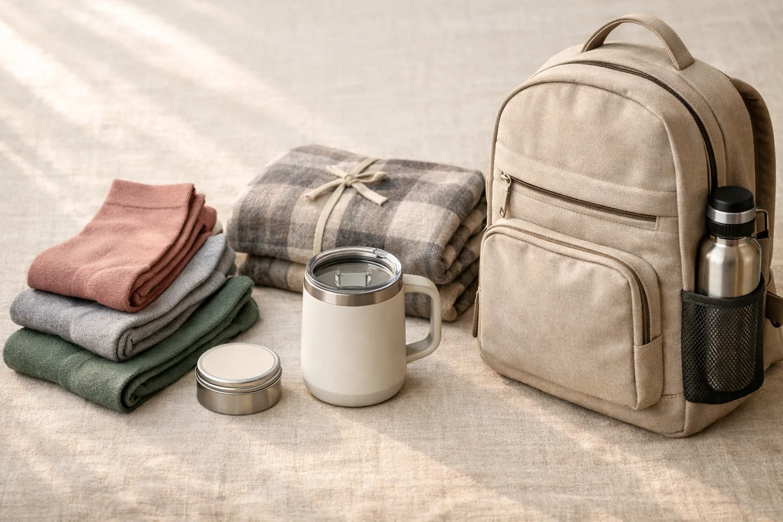 Collection of nurse appreciation gifts including compression socks, hand cream, water bottle, heating pad, and backpack
