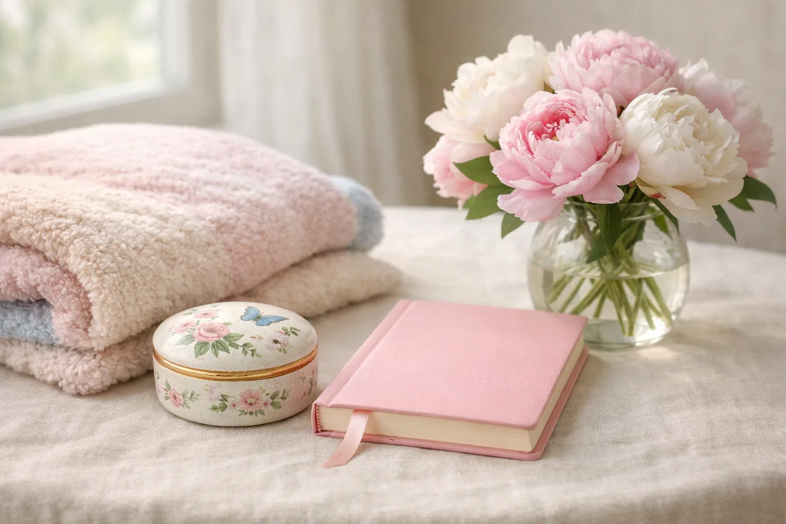 Five thoughtful Mother's Day gifts for grandma arranged on a soft background — keepsake box, garden stone, journal, blanket, and acrylic keepsake