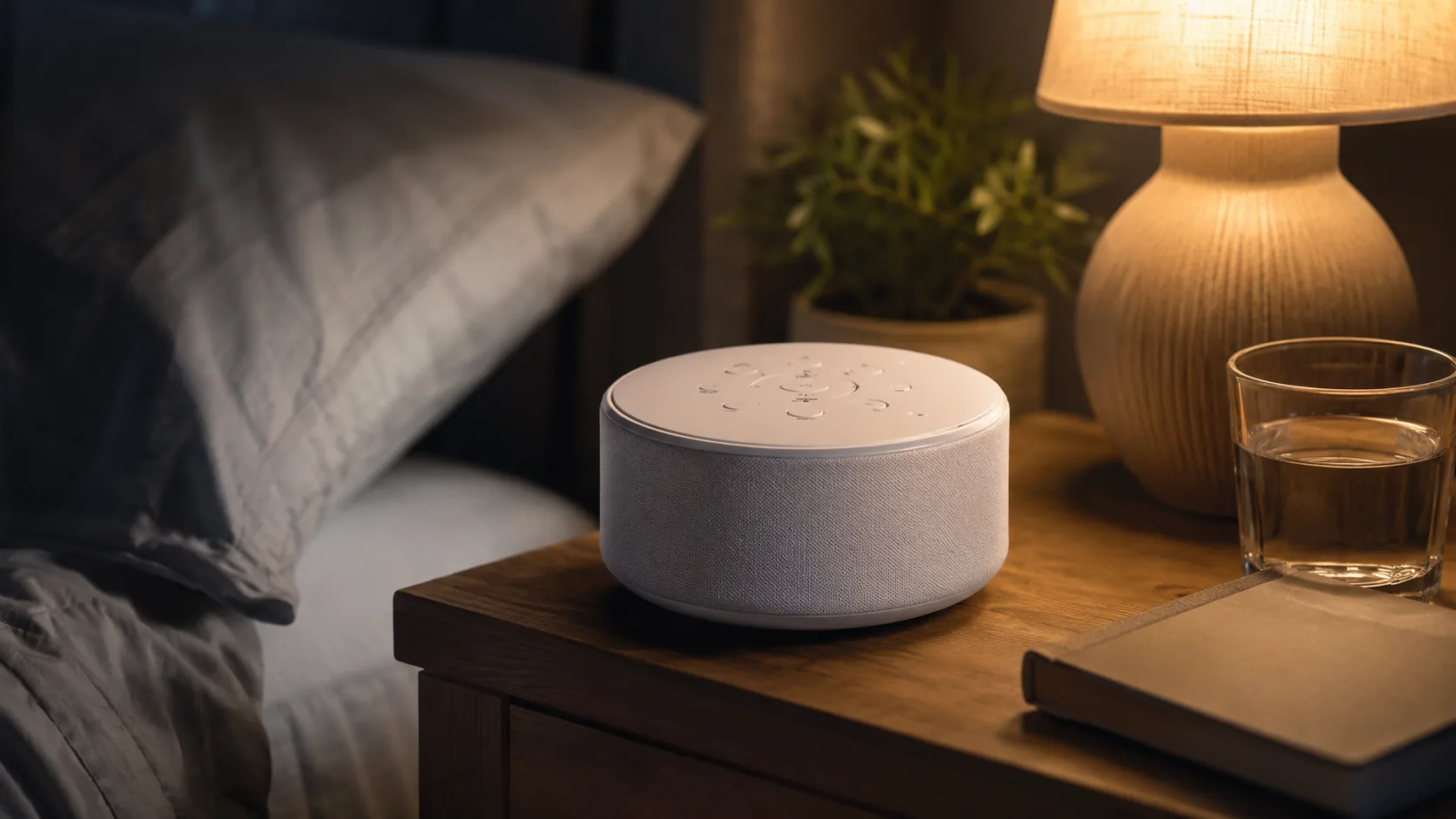 A small white-noise sound machine on a nightstand beside a lamp and a book in a dim bedroom
