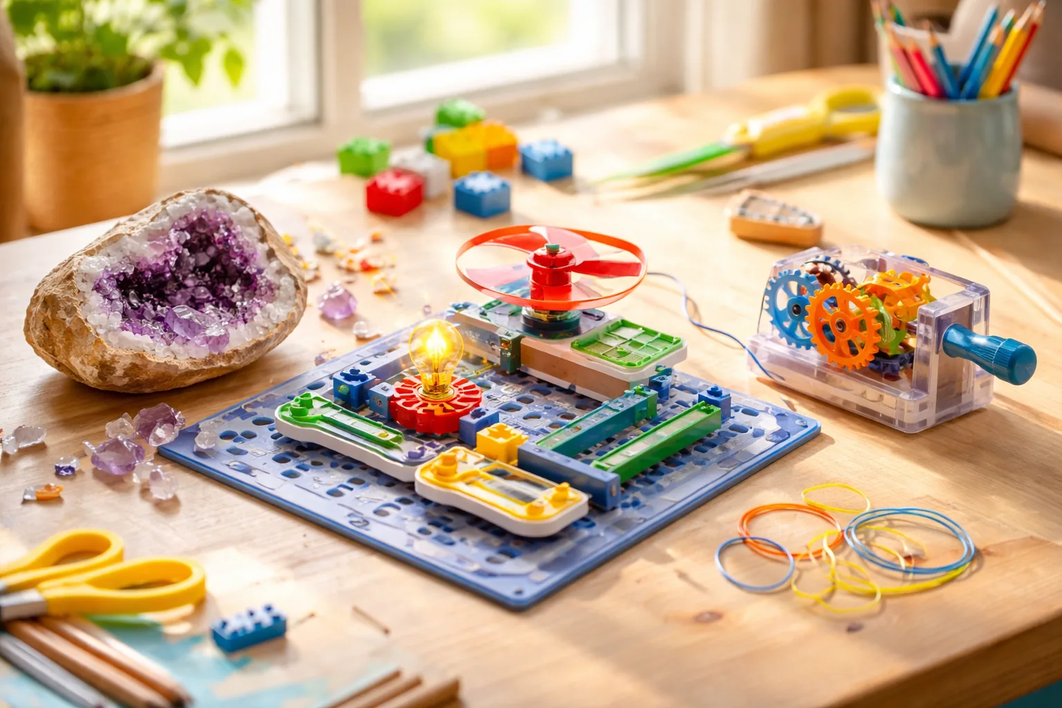 STEM toys for kids 8 to 12 including an electronics kit, a marble logic puzzle, and a 3D pen on a table