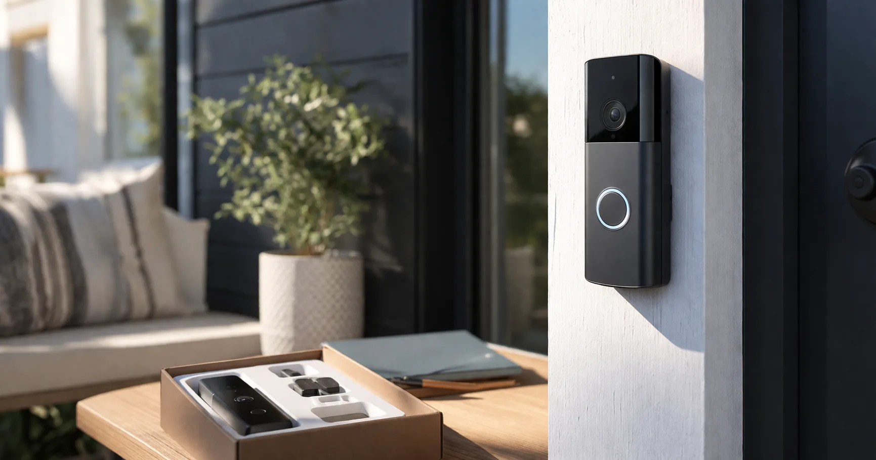 A video doorbell mounted beside a front door of a home