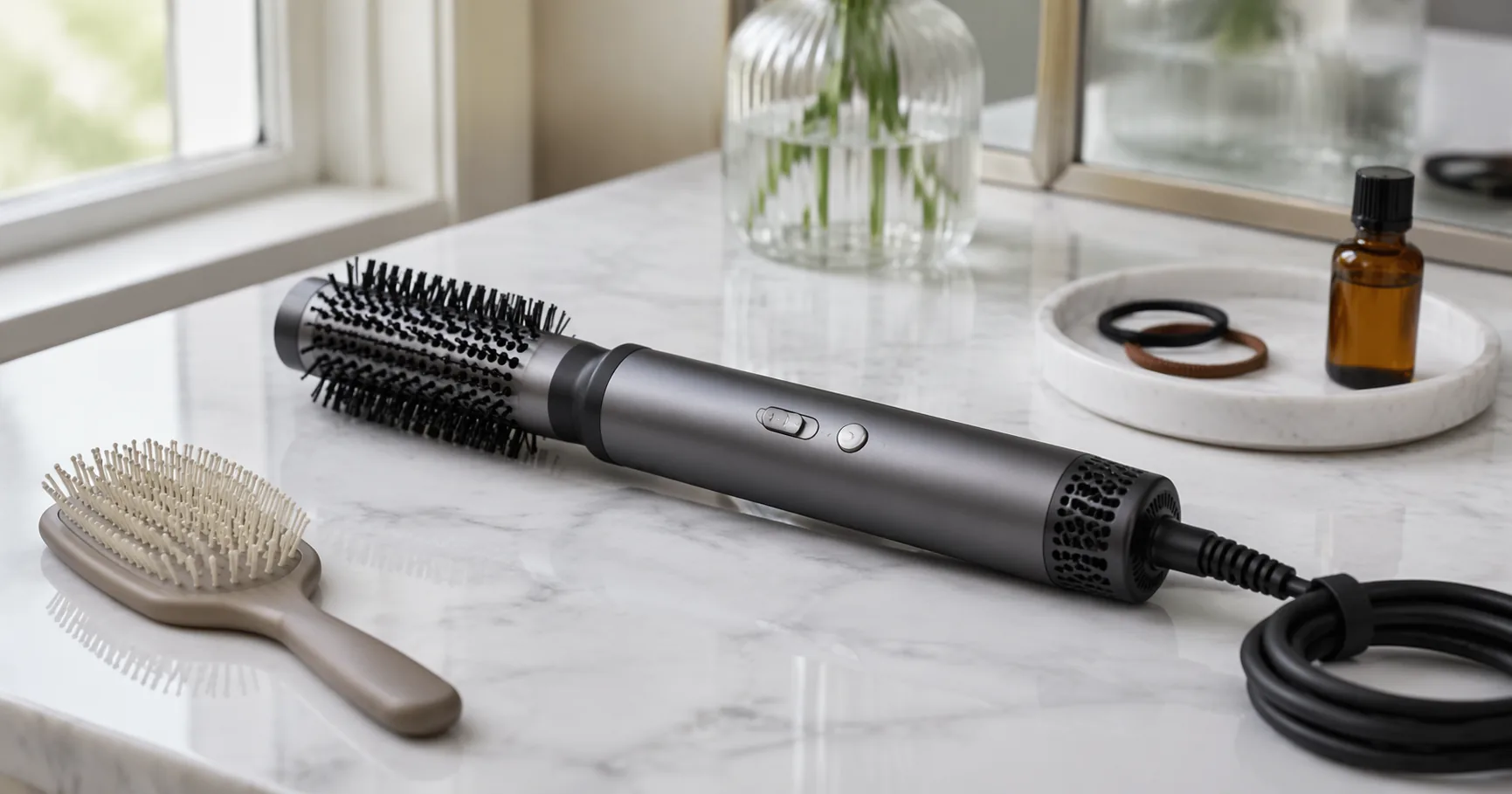 Dyson Airwrap styler with its barrel attachments laid out on a bathroom counter next to a Shark FlexStyle