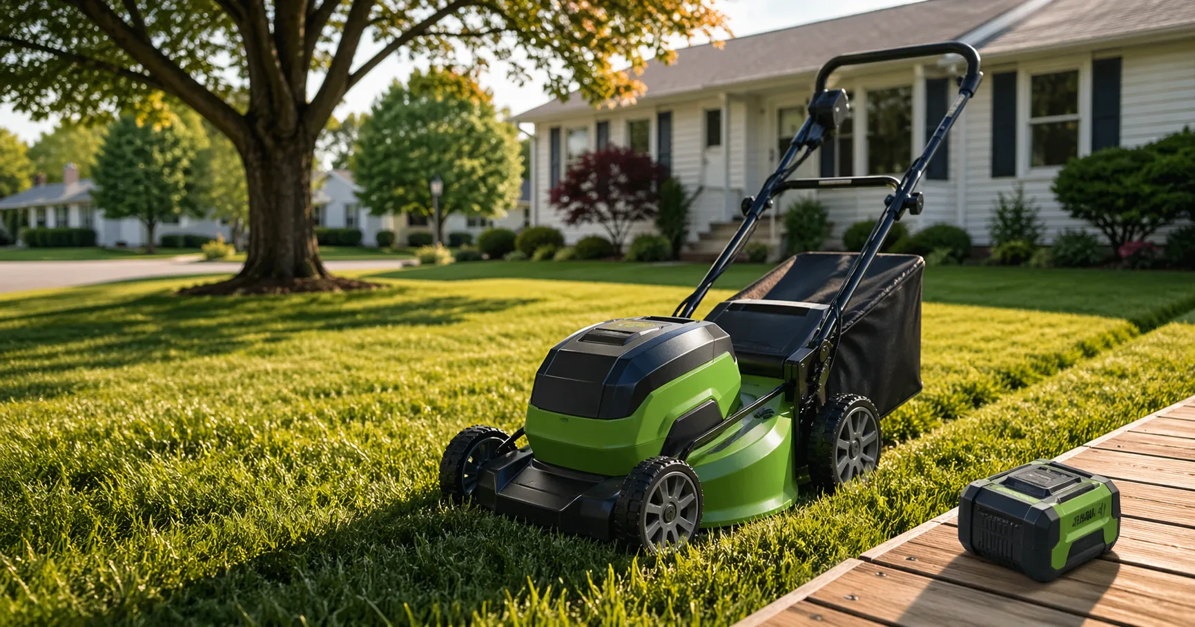 EGO Power+ cordless lawn mower on a suburban backyard lawn