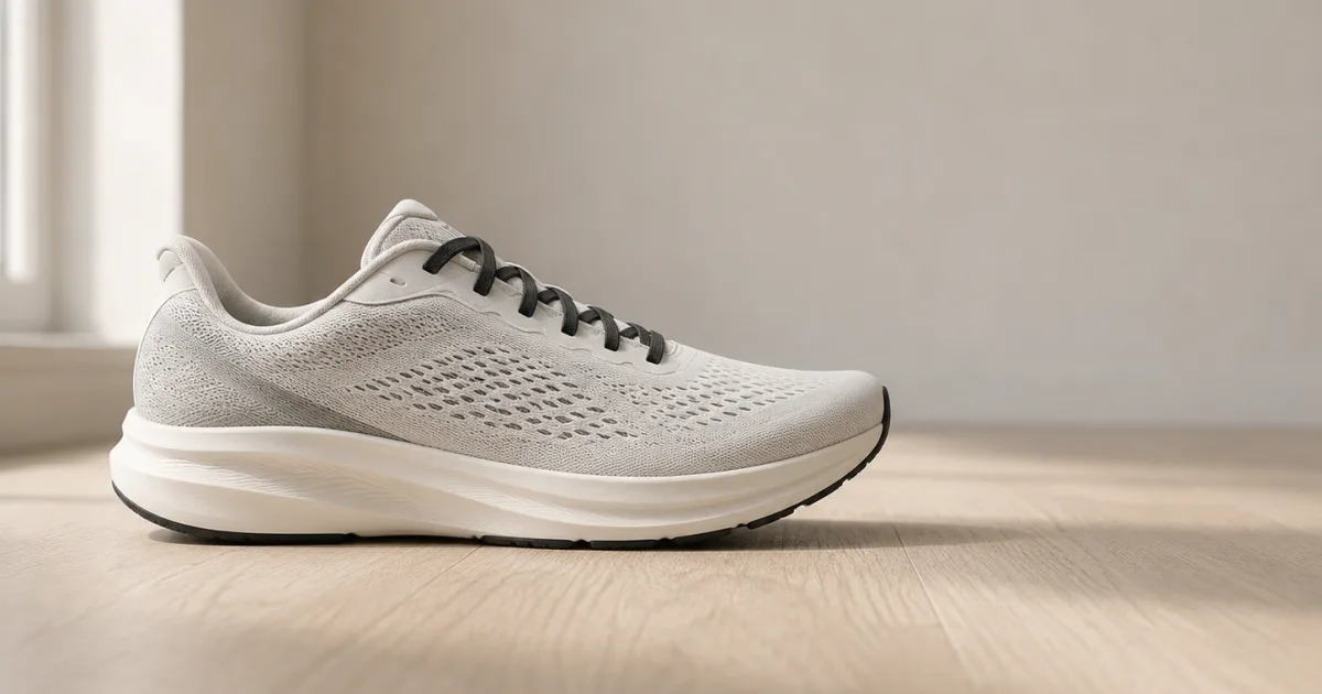 Hoka Clifton 10 lightweight running shoe shown from the side on a wood floor