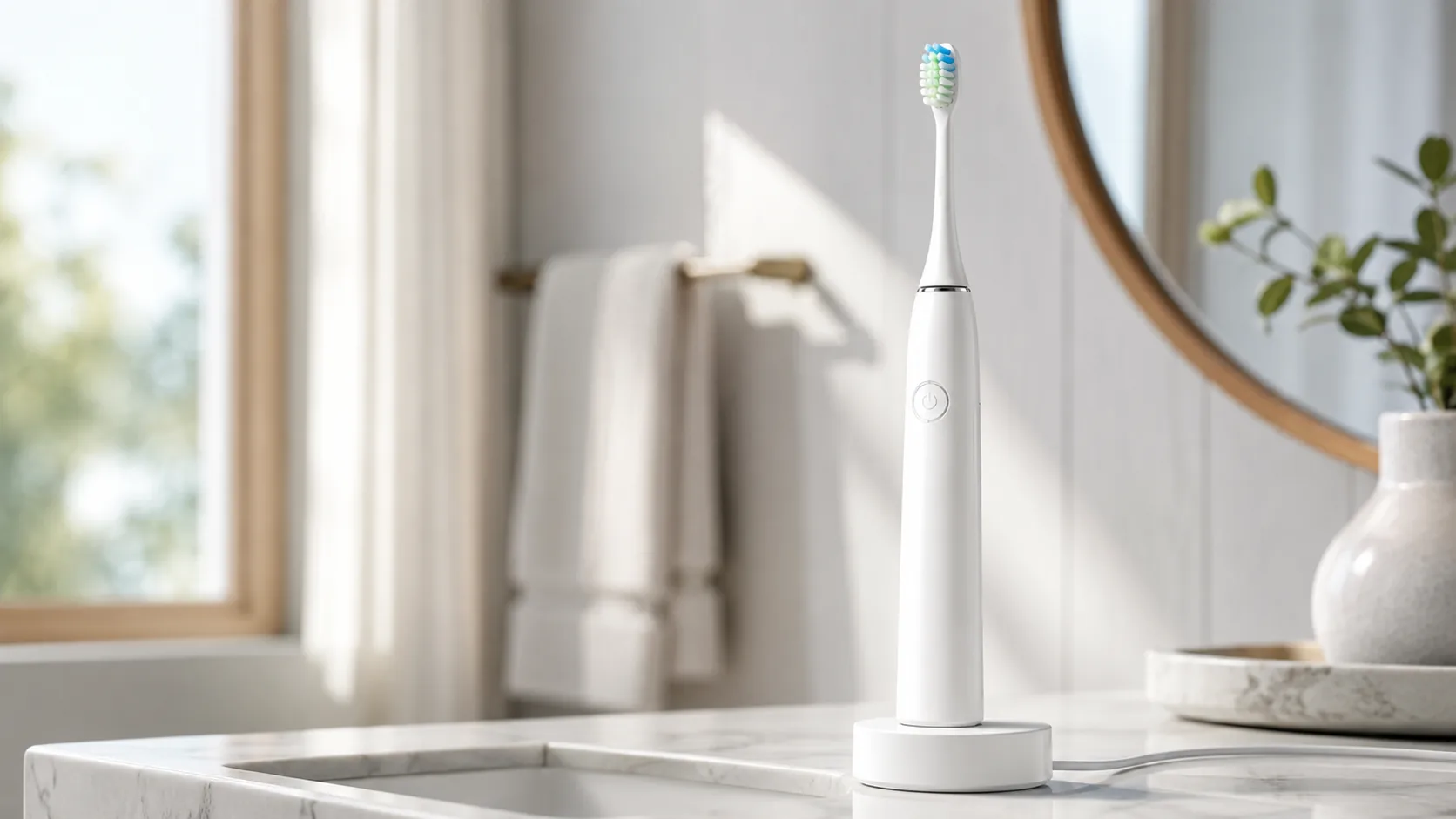 Philips Sonicare 7300 electric toothbrush in its charging stand on a bathroom counter