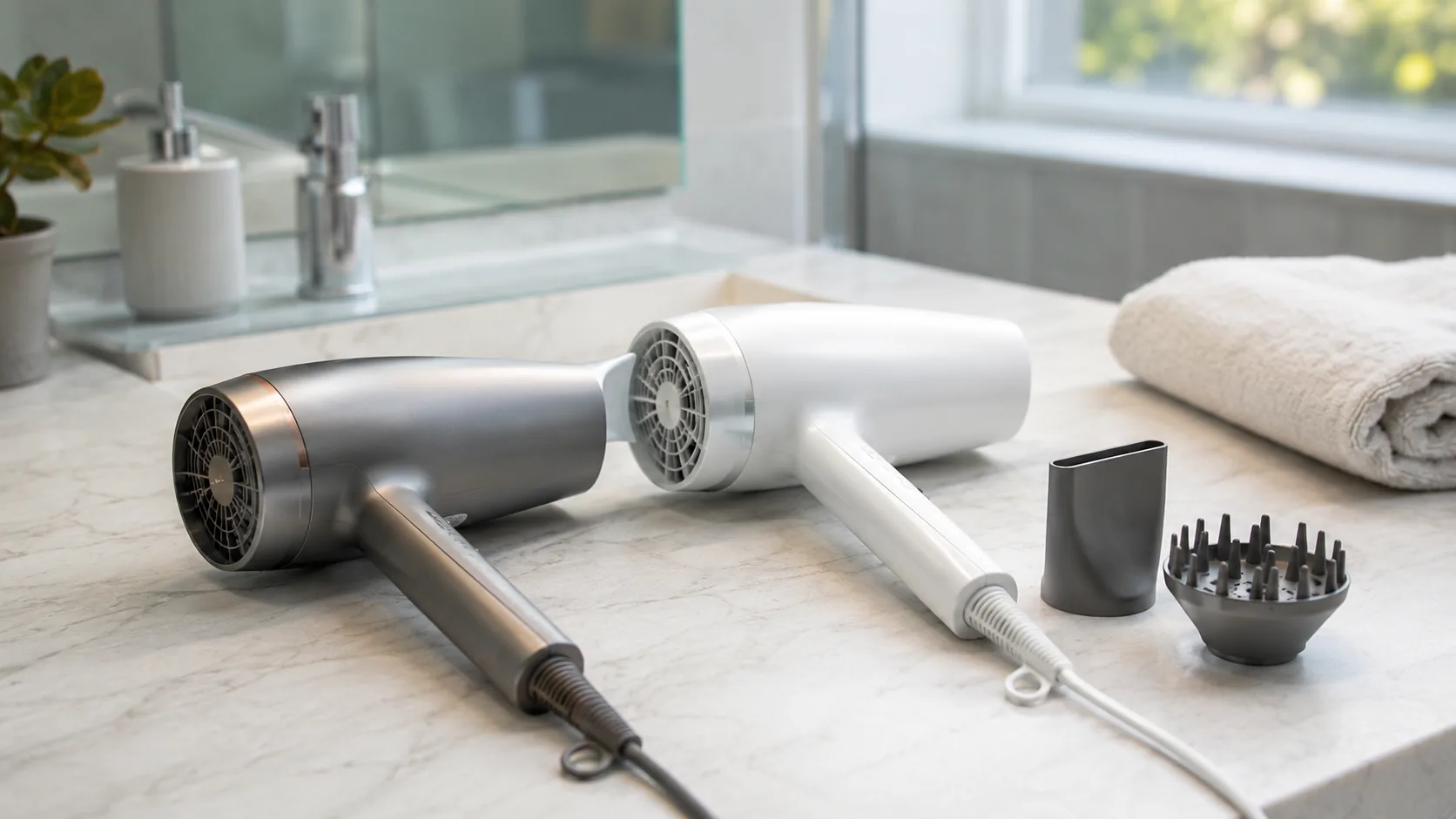 Two ionic hair dryers placed side by side on a bathroom counter with nozzle attachments