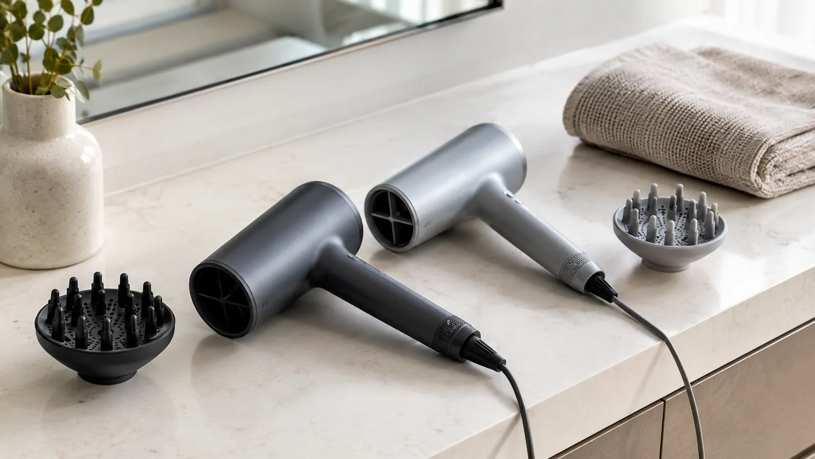 Two hair dryers with diffuser attachments displayed side by side on a bathroom counter