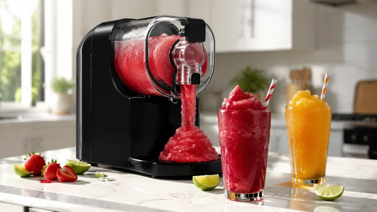Frozen drink maker on a marble kitchen counter pouring a red slushie, with two icy frozen drinks beside it