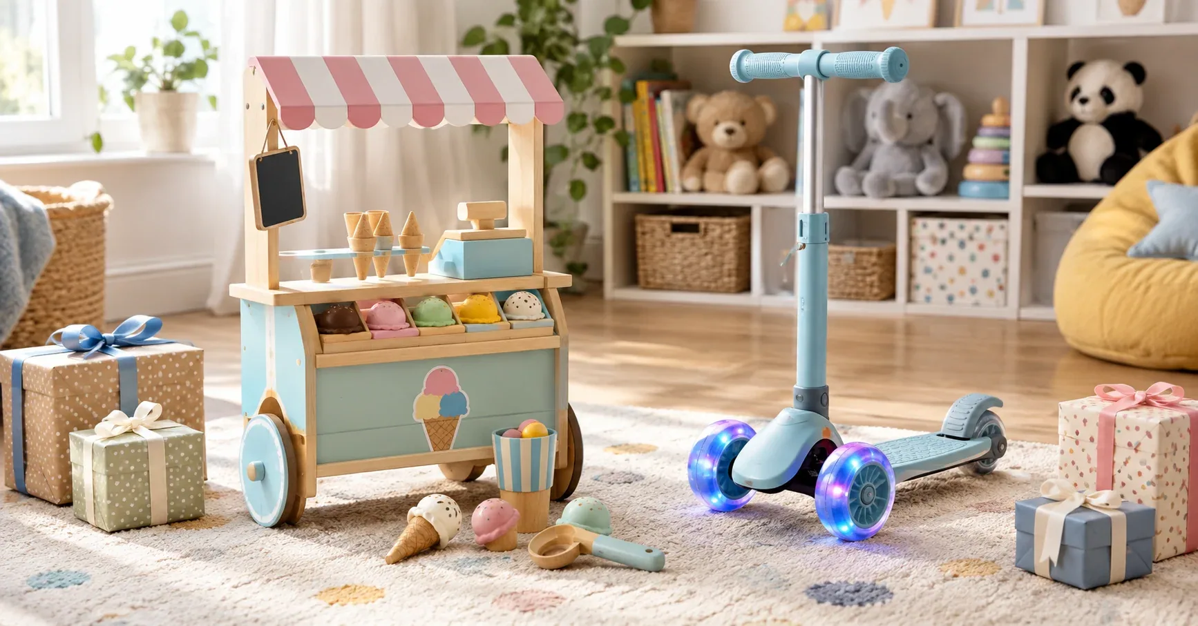 Wooden pretend ice cream shop set, a kids scooter, and wrapped gifts in a bright playroom